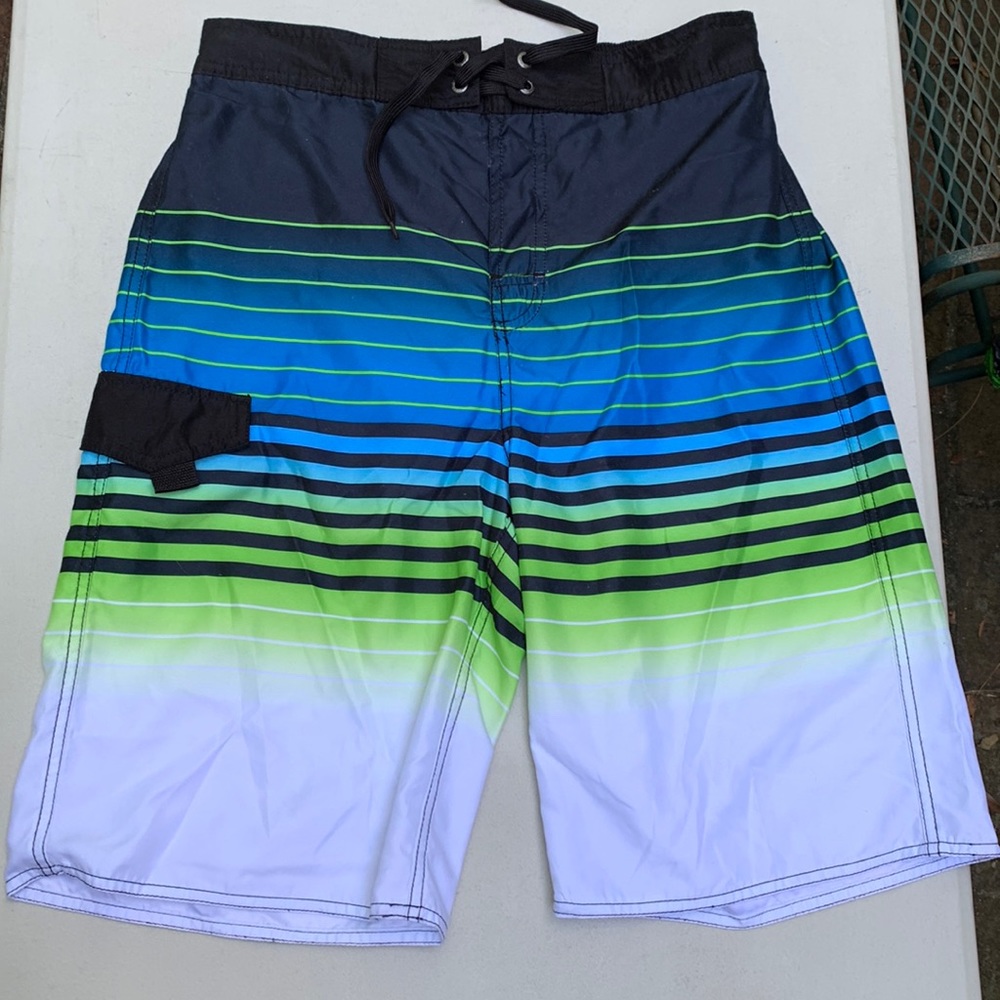 First Wave Boys Swim Trunks in stripes; black, blue, aqua, lime, white